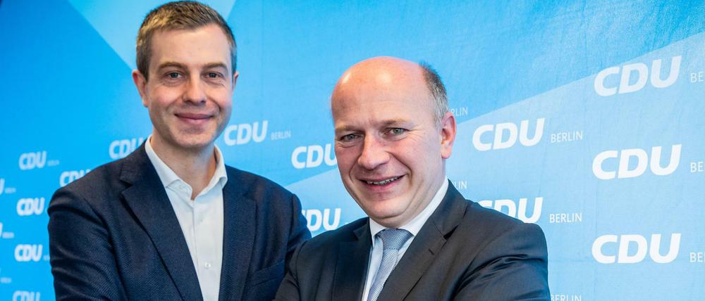 Teambildung. Kai Wegner (r.), Kandidat der Berliner CDU für den Landesvorsitz der CDU, stellt den bisherigen Generalsekretär Stefan Evers auch als seinen möglichen künftigen Generalsekretär vor. 
