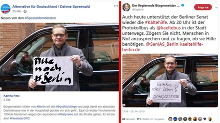 Ein Screenshot des Tweets des RBB, der den Originaltweet von Michael Müller (SPD) neben dem AfD-Tweet zeigt.