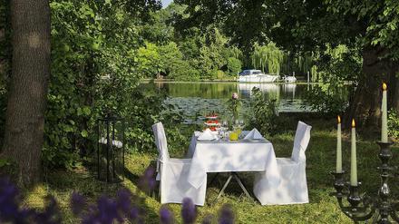 Blick ins Grüne. Der Garten am See hinterm Hotel.