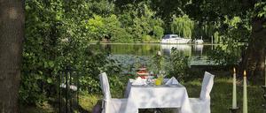 Blick ins Grüne. Der Garten am See hinterm Hotel.