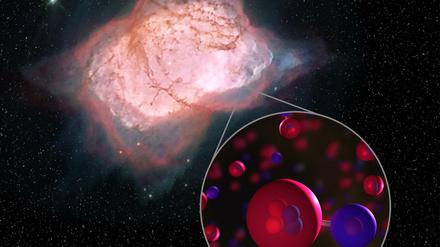 Die Illustration zeigt den planetarischen Nebel NGC 7027, in dem das Heliumhydrid-Molekül nachgewiesen wurde. Es ist eine Kombination aus Helium (rot) und Wasserstoff (blau).