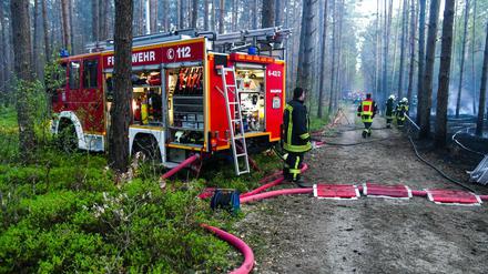 Feuerwehrleute löschen den Waldbrand bei Nassenheide