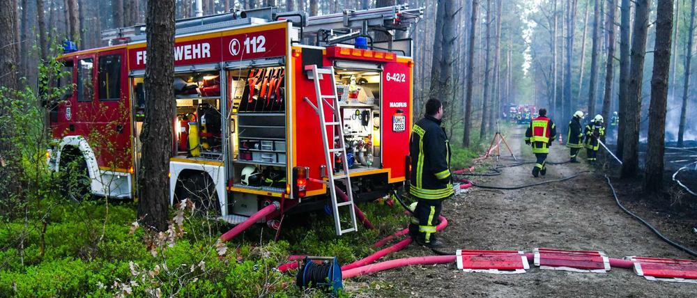 Feuerwehrleute löschen den Waldbrand bei Nassenheide