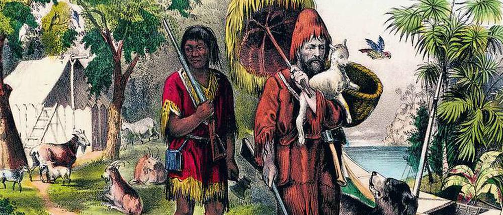 Der Herr, seine Tiere und ein Mann namens Freitag. Robinson Crusoe in seinem Reich, eine Lithografie aus dem Jahr 1874. 