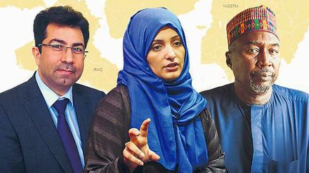 Die drei Favoriten sind der jesidischen Menschenrechtler Mirza Dinnayi, die jemenitische Aktivistin Huda al Sarari und den nigerianischen Rechtsanwalt, der sich für benachteiligte Kinder engagiert, Zannah Bukar Mustapha (von links nach rechts). 