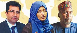 Die drei Favoriten sind der jesidischen Menschenrechtler Mirza Dinnayi, die jemenitische Aktivistin Huda al Sarari und den nigerianischen Rechtsanwalt, der sich für benachteiligte Kinder engagiert, Zannah Bukar Mustapha (von links nach rechts). 