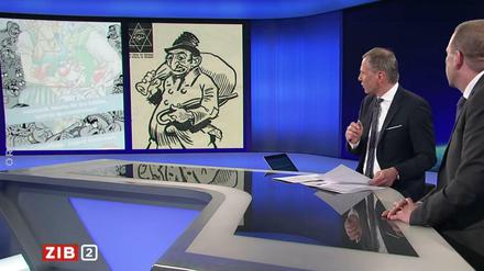 Helle Aufregung. "ZiB 2"-Moderator Armin Wolf (Zweiter von rechts) konfrontiert Harald Vilimsky, FPÖ-Generalsekretär und Spitzenkandidat für die Europawahl, mit einem Vergleich: links ein Cartoon der steirischen FPÖ-Parteijugend, rechts die Darstellung eines Juden aus dem NS-Kampfblatt "Der Stürmer". 