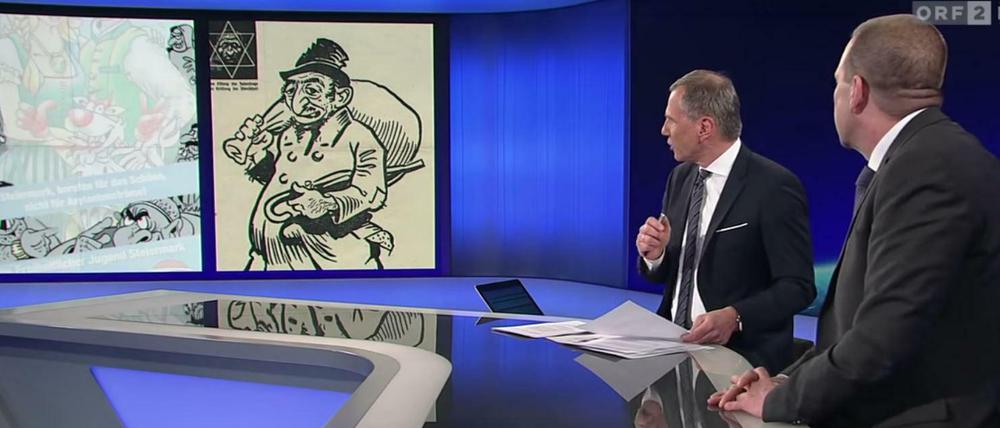 Helle Aufregung. "ZiB 2"-Moderator Armin Wolf (Zweiter von rechts) konfrontiert Harald Vilimsky, FPÖ-Generalsekretär und Spitzenkandidat für die Europawahl, mit einem Vergleich: links ein Cartoon der steirischen FPÖ-Parteijugend, rechts die Darstellung eines Juden aus dem NS-Kampfblatt "Der Stürmer".