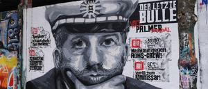 „Der letzte Bulle“: Ein Graffiti auf einer Wand in Tübingen zeigt Boris Palmer als resoluten Politiker.