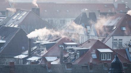 Rauch steigt aus den Kaminen im Leipziger Süden an einem kalten Wintermorgen.