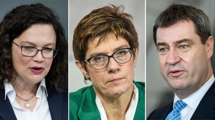 Andrea Nahles (l-r), Vorsitzende der SPD, Annegret Kramp-Karrenbauer, Vorsitzende der CDU, und Markus Söder, Vorsitzender der CSU.