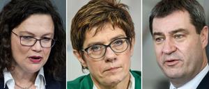 Andrea Nahles (l-r), Vorsitzende der SPD, Annegret Kramp-Karrenbauer, Vorsitzende der CDU, und Markus Söder, Vorsitzender der CSU.