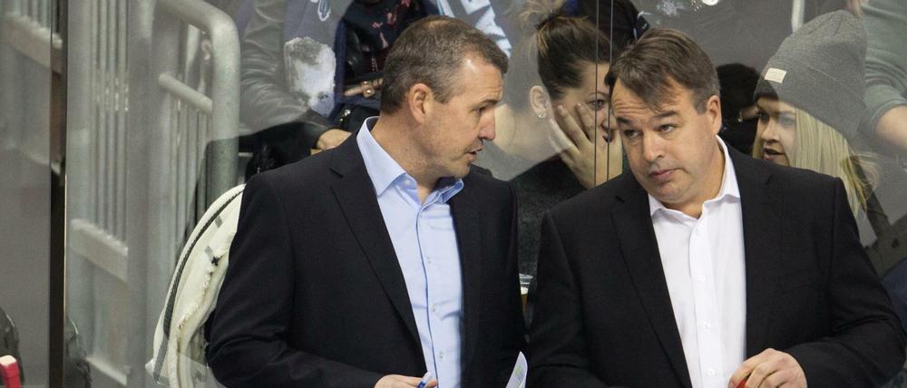 Die Männer von den Freezers. Hamburgs Trainer Serge Aubin (l) und Co-Trainer Stephane Richer während eines Spiels bei den Eisbären im Februar 2016.