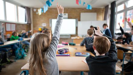 Schüler melden sich im Unterricht.