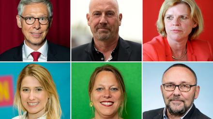 Am 26. Mai finden im kleinsten deutschen Bundesland Bürgerschaftswahlen statt. Abgebildet sind die Spitzenkandidaten der Parteien für die Bürgerschaftswahl in Bremen (v.l.n.r.): Carsten Sieling (SPD), Carsten Meyer-Heder (CDU), Kristina Vogt (Linke), Lencke Steiner (FDP), Maike Schaefer (Grüne) und Frank Magnitz (AfD). 
