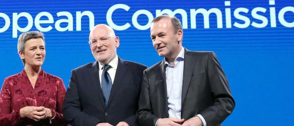 Kandidaten für den Vorsitz der EU-Kommission: Margrethe Vestager, Frans Timmermans und Manfred Weber.