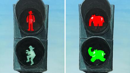 Die Ampelmotive zeigen eine Illustration von dem Komiker und Musiker Otto Waalkes.