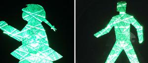 Bildkombo aus einer Ampelfrau (l) und einem Ampelmann, aufgenommen im Kölner Stadtteil Ehrenfeld.