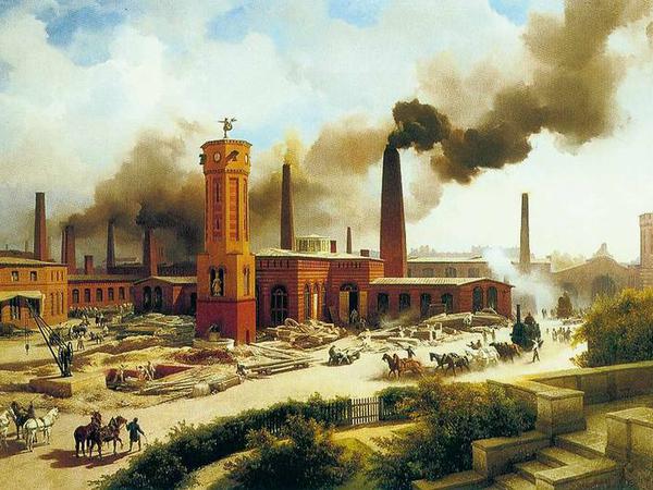 Berliner Feuerland. Borsigs Maschinenbau-Anstalt, Ecke Chaussee- und Torstraße. Gemälde von K. E. Biermann, 1847.