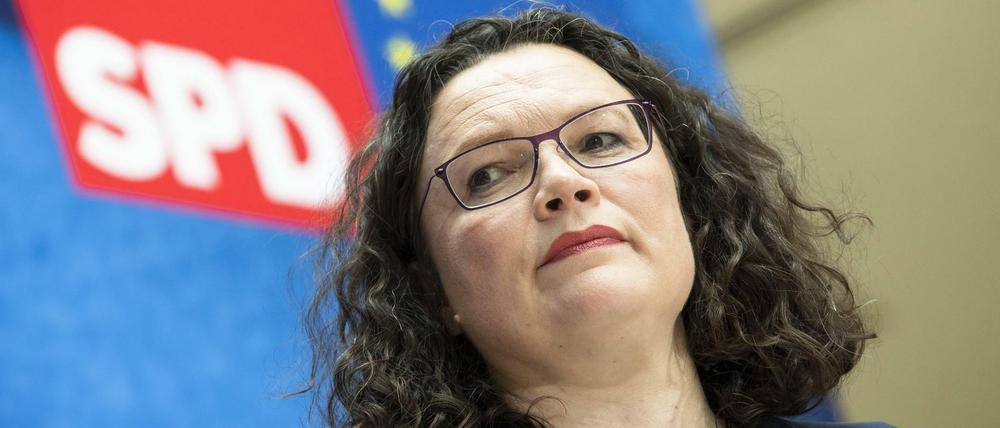 Andrea Nahles während einer Pressekonferenz in Willy-Brandt-Haus in Berlin am 27. Mai 2019.