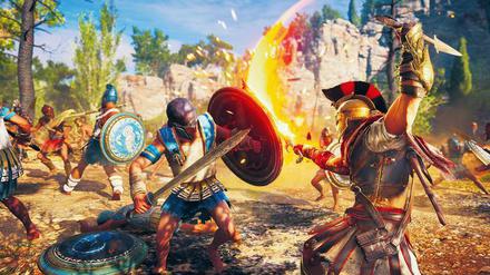 Kampf der Giganten. Szene aus dem Spiel „Assassin’s Creed: Odyssey“. 