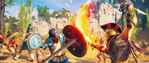 Kampf der Giganten. Szene aus dem Spiel „Assassin’s Creed: Odyssey“. 