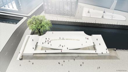 This handout undated computer simulation released on February 14, 2017, shows the Monument to Freedom and Unity (Einheitswippe) designed by the German Milla &amp; Partner agency and German choreographer Sasha Waltz.The concept entitled "Citizens in Motion" will finally be realized in the center of the German capital, near the rebuilt city castle. The 50 meters long monument is animate and is not to be approached merely as an object for contemplation - the intention is that it be entered and set in motion, movement being achieved by visitors working together as a group. / AFP PHOTO / Milla &amp; Partner / HO / RESTRICTED TO EDITORIAL USE - MANDATORY CREDIT "AFP PHOTO / MILLA &amp; PARTNER " - NO MARKETING - NO ADVERTISING CAMPAIGNS - DISTRIBUTED AS A SERVICE TO CLIENTS 