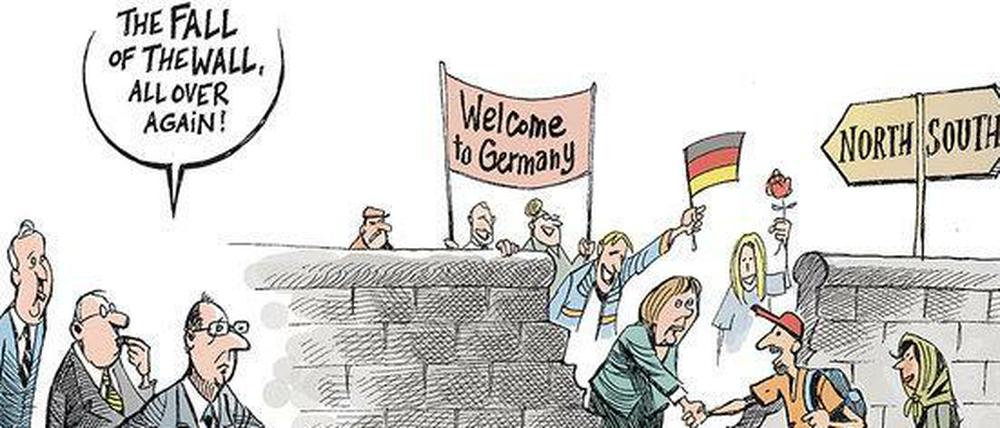 Wir schaffen das. Diese Karikatur Patrick Chappattes veröffentlichte die New York Times im Herbst 2015.