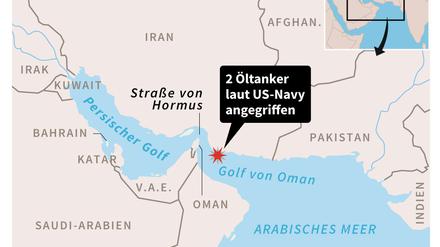US-Flotte: Zwei Schiffe im Golf von Oman angegriffen. Die Golfregion mit Lokalisierung der Vorfälle.