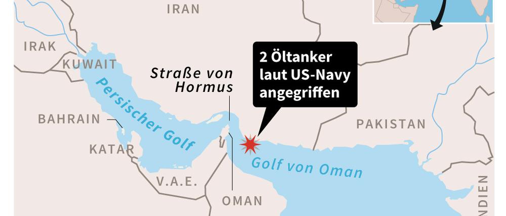US-Flotte: Zwei Schiffe im Golf von Oman angegriffen. Die Golfregion mit Lokalisierung der Vorfälle.