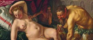Jupiter nähert sich der schlafenden Antiope. Das Gemälde des niederländischen Künstlers Hendrick Goltzius aus dem Jahr 1612 hängt in der National Gallery in London.