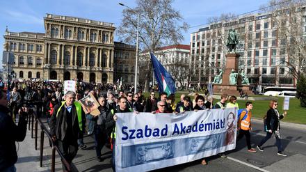 Demonstrationszug vor der Akademie der Wissenschaften in Budapest.