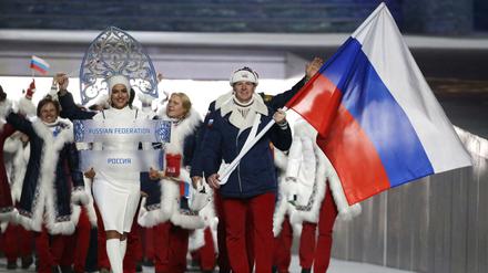 Die russische Mannschaft bei der Eröffnung der Olympischen Spiele 2014 in Sotschi. 