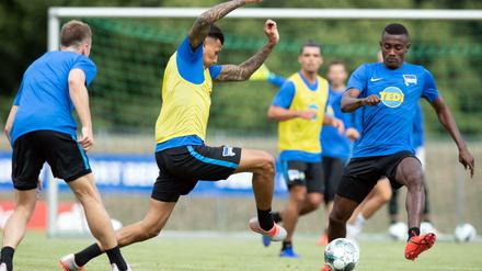 Stürmische Zeiten. Die Angreifer Davie Selke (Mitte) und Salomon Kalou (r.) bereiten sich auf die neue Saison vor.