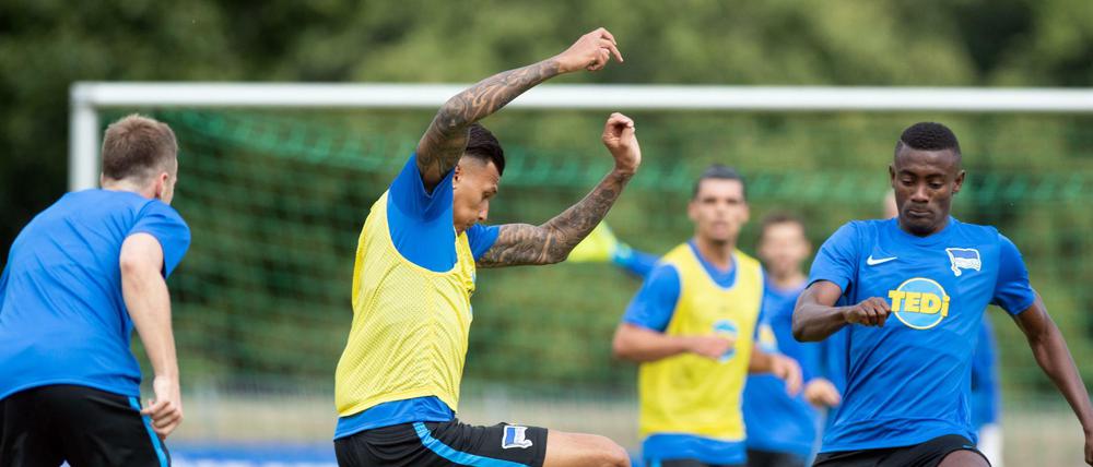 Stürmische Zeiten. Die Angreifer Davie Selke (Mitte) und Salomon Kalou (r.) bereiten sich auf die neue Saison vor.
