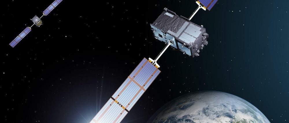 Animation der ersten beiden Satelliten des europäischen Navigationssystems Galileo in der geostationären Erdumlaufbahn.