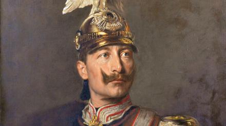 Ein Porträt von Kaiser Wilhelm II. in der Uniform der Garde du Corps von Ludwig Noster wird am 22.07.2014 im Neuen Palais in Potsdam gezeigt. Mit der Ausstellung "Wegmarke der Geschichte" erinnert die Stiftung Preussische Schlösser und Gärten am authentischen Ort an die Unterzeichnung der Verordnung, die Deutschland in den Kriegszustand versetzte. Foto: Bernd Settnik dpa +++(c) dpa - Bildfunk+++ | Verwendung weltweit