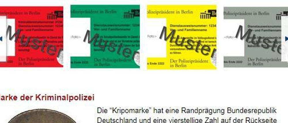 Auf einer Info-Seite klärt die Berliner Polizei über Dienstausweise und Marken auf.