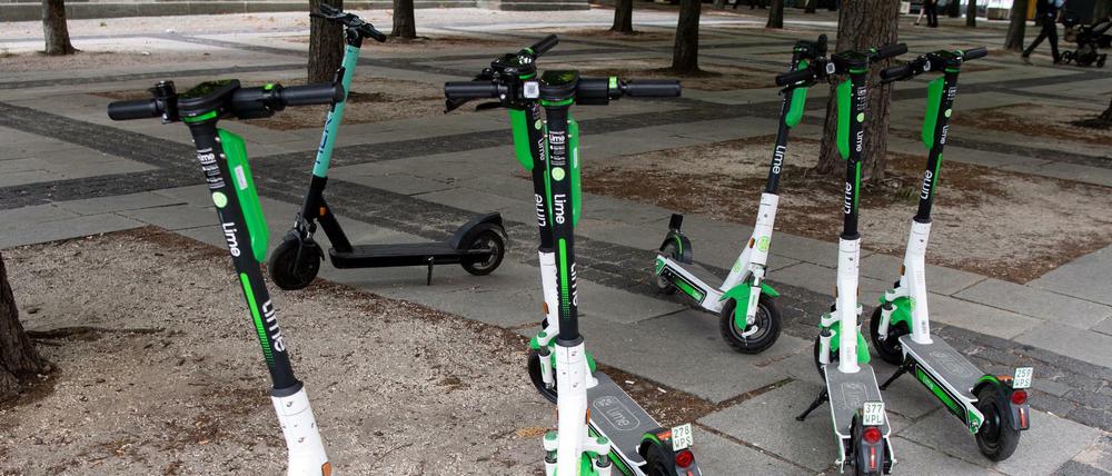 Mehrere E-Tretroller stehen unter Bäumen in Berlin.
