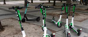 Mehrere E-Tretroller stehen unter Bäumen in Berlin.