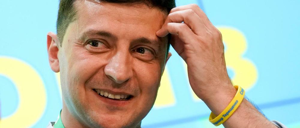 Wolodymyr Selenskyj, Präsident der Ukraine, spricht mit Medien im Hauptsitz seiner Partei.