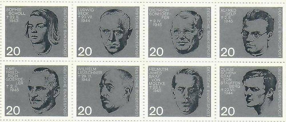 Öffentliches Gedenken nach 20 Jahren. Die Herausgabe dieses großen Markenblockes löste auch 1964 noch heftige Diskussionen aus. Der Block bemüht sich um Vielfalt des Widerstands, allerdings war es im Kalten Krieg undenkbar, auch einen Kommunisten zu ehren.