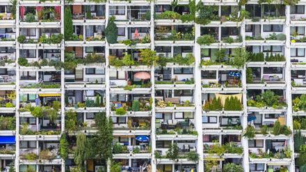 Der Wohnpark Alt-Erlaa ist eine der größten Siedlungen Wiens. Bis zum 12. Stock sind alle Balkone mit Pflanzentrögen ausgestattet.