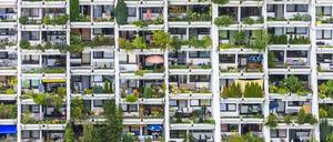 Der Wohnpark Alt-Erlaa ist eine der größten Siedlungen Wiens. Bis zum 12. Stock sind alle Balkone mit Pflanzentrögen ausgestattet.