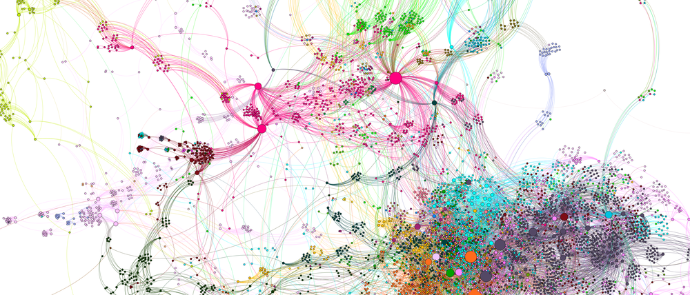 Darstellung des Computermodells von Alacris Theranostics: Die Punkte stehen für Gene und Proteine, die Verbindungslinien für ihr Zusammenspiel. Gleiche Farben kennzeichnen eine hohe Vernetzung.
