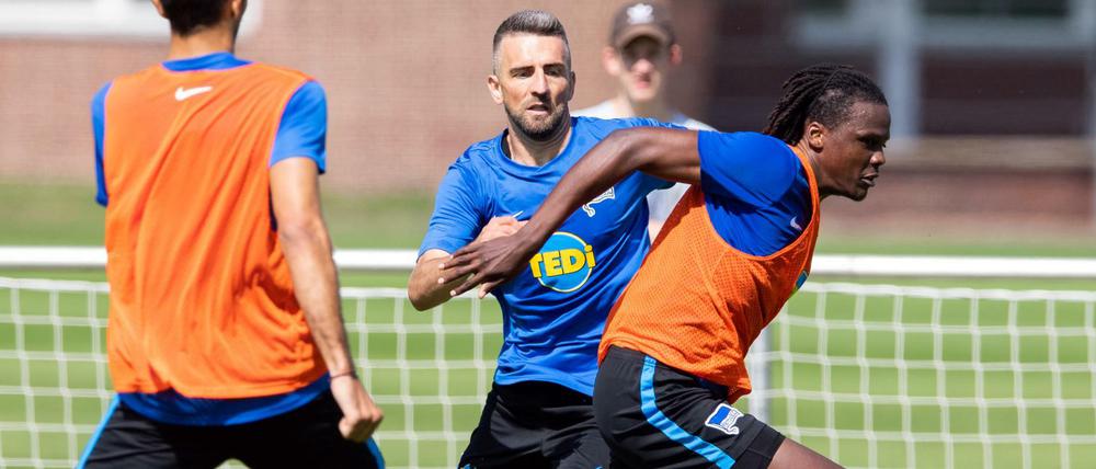 Vedad Ibisevic und Dedryck Boyata (r.) kämpfen um den Ball.
