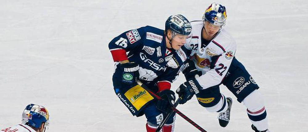 Charlie Jahnke (Bildmitte, in Blau) spielte 55 Mal für die Eisbären in der Deutschen Eishockey-Liga und traf dabei genau einmal. Diese Bilanz will er in Düsseldorf aufbessern.