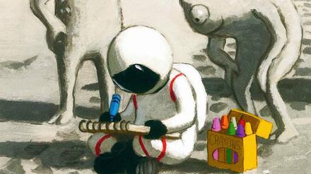 Interessante Begegnung. Die Mondmännchen entdecken die Farbe. 