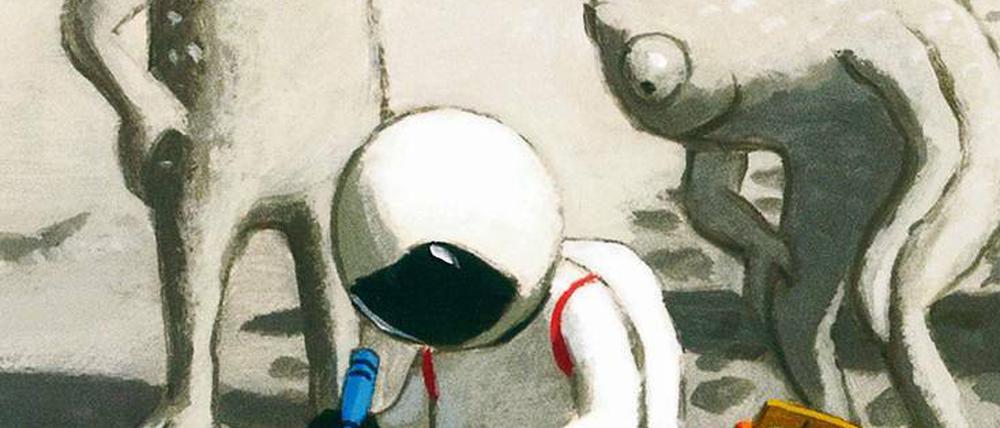 Interessante Begegnung. Die Mondmännchen entdecken die Farbe. 