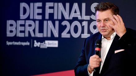 Sportsenator Andreas Geisel (SPD) warb bei einer Pressekonferenz für die Finals 2019. 